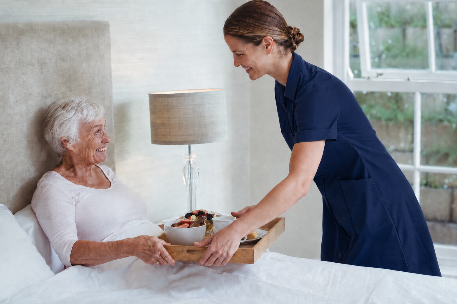 A nurse in blue scrubs smiles as she hands a breakfast tray to an older woman sitting up in bed, with a bedside lamp and large window in the background.