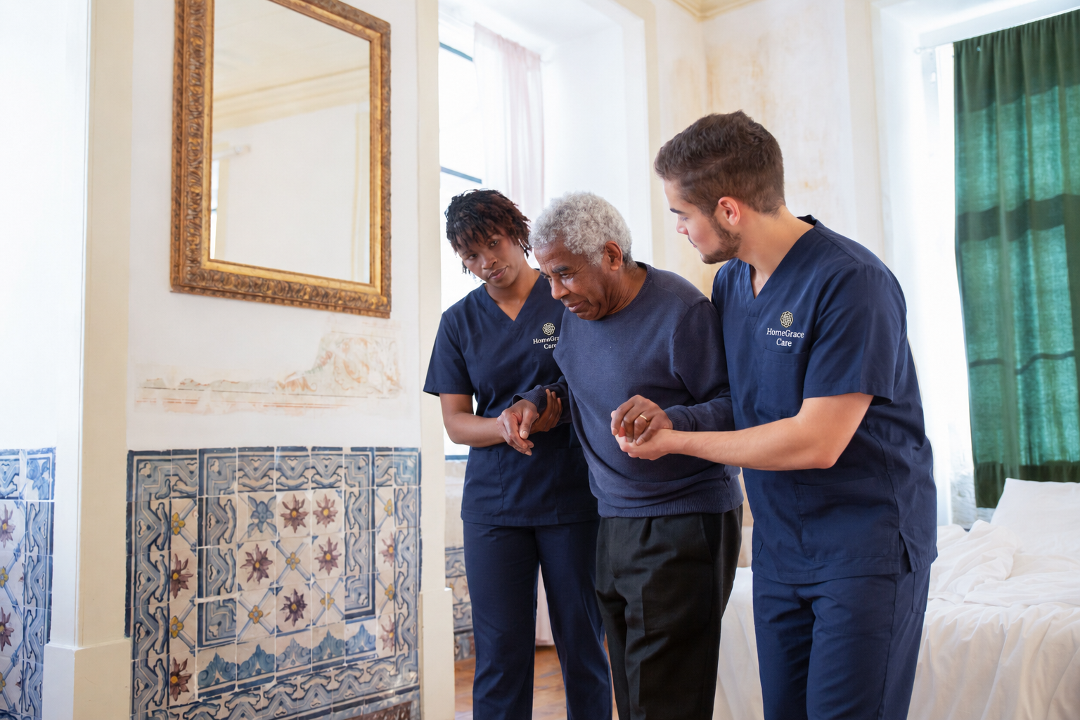 Two care workers gently support an older man as he walks at home, providing dignified mobility support and reassurance with everyday care.