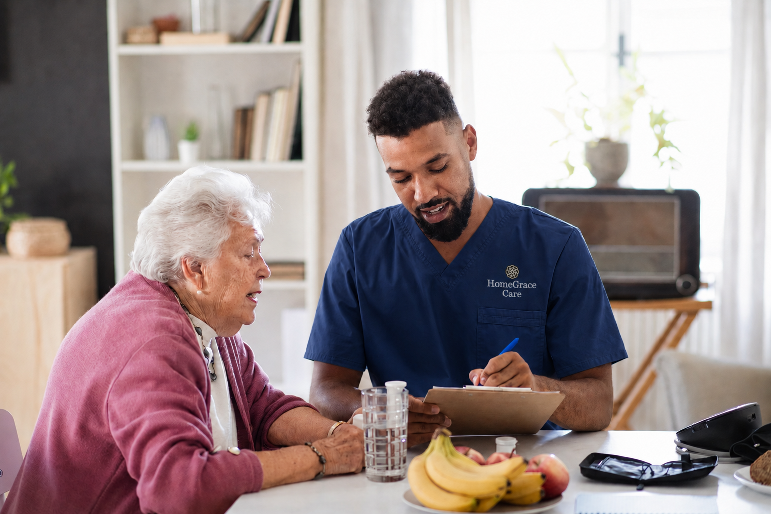 A home care worker sits with an elderly woman at a table, taking notes and discussing her care needs in a calm, supportive home setting.